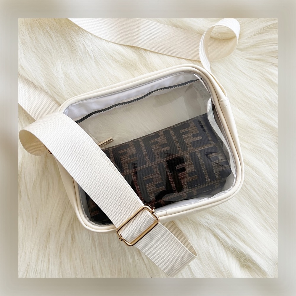 Boxy Clear Jelly Shoulder Crossbody Bag w/ Leather Trim in White